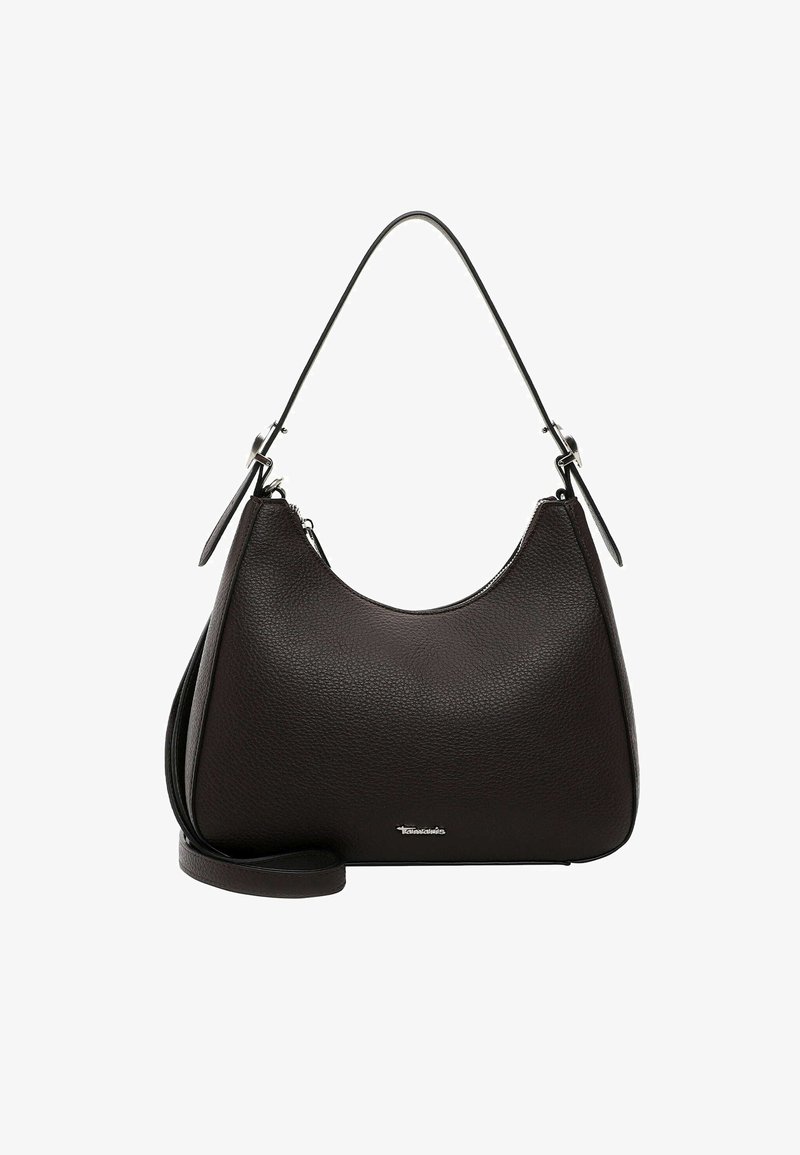 Ciemnobrązowa skórzana torebka o gładkiej fakturze, zaokrąglonym kształcie i krótkim uchwycie. Posiada zamek błyskawiczny oraz mały srebrny detal z logo.