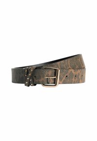 Brown textured leather belt with a gold metal buckle, featuring stud accents and a patterned surface design. Adjustable length with multiple holes.