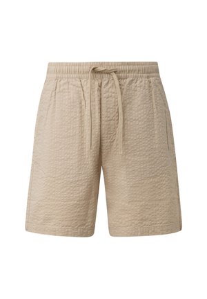 Beige Shorts aus strukturiertem Stoff mit elastischem Bund und Kordelzug, mit Seitentaschen und geradem Saum.
