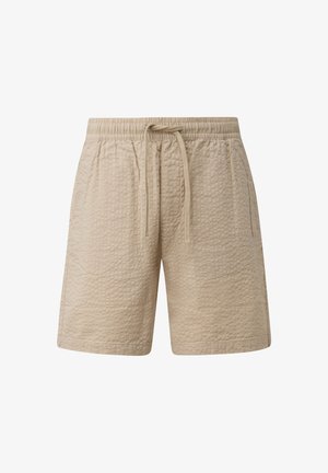Beige Shorts aus strukturiertem Stoff mit elastischem Bund und Kordelzug, mit Seitentaschen und geradem Saum.