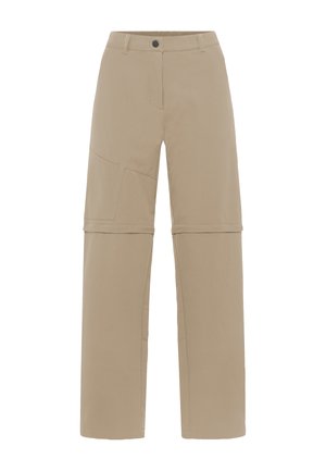 Beige Outdoor-Hose mit lockerem Schnitt, mehreren Taschen und glatter Textur. Verfügt über Zierstiche und einen Knopfverschluss an der Taille.