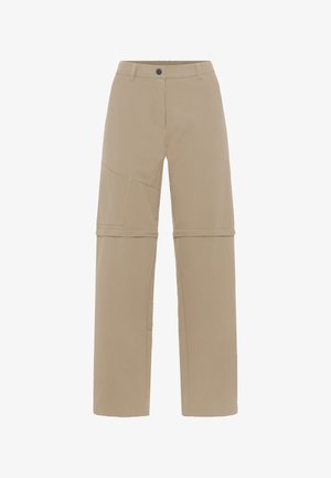 Beige Outdoor-Hose mit lockerem Schnitt, mehreren Taschen und glatter Textur. Verfügt über Zierstiche und einen Knopfverschluss an der Taille.
