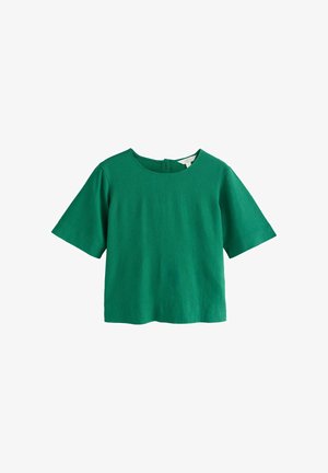 Zöld rövid ujjú blúz kerek nyakkivágással és hátul gombos záródással, texturált anyagból készült.