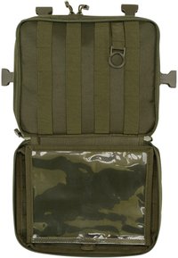 Borsa con zip in stile militare di colore verde oliva, dotata di una sezione in plastica trasparente, cinghie intrecciate sulla parte superiore e accessori per il fissaggio.