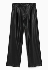 Svart fusk läder byxor med vida ben och en slät textur, med flat framtill, bältesöglor och rak skärning vid vristen.