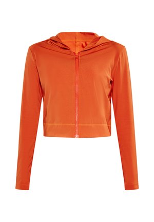 Sudadera con cremallera recortada en naranja brillante, hecha de tela elástica. Cuenta con capucha, mangas largas y costuras en contraste. Textura suave.