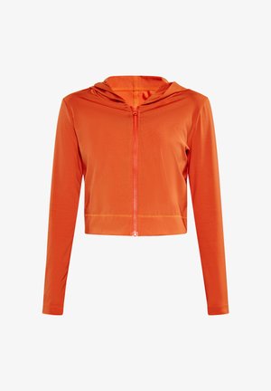 Skračená mikina na zips v jasne oranžovej farbe, vyrobená z elastického materiálu. Má kapucňu, dlhé rukávy a kontrastné šitie. Hladká textúra.
