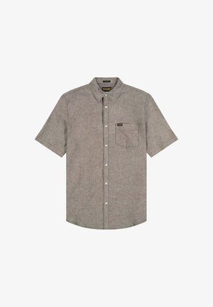 Camicia a maniche corte con colletto e bottoni, realizzata in tessuto grigio dal motivo strutturato. Presenta una tasca sul petto e cuciture a contrasto. Logo Wrangler sulla tasca.