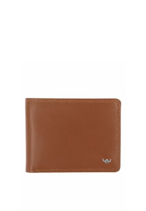 Portefeuille bi-fold en cuir marron avec bords cousus et petit emblème argenté dans le coin inférieur droit.