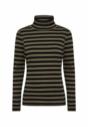 Striped turtleneck top featuring alternating black and olive green stripes, long sleeves, and a fitted ribbed texture.