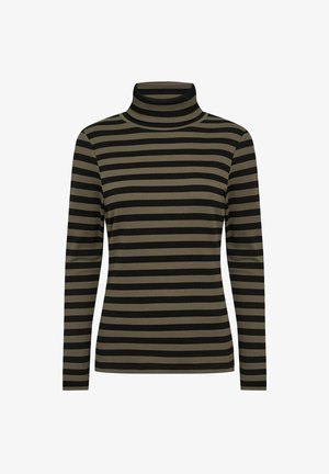 Haut à col roulé rayé avec des bandes noires et vert olive alternées, manches longues et texture côtelée ajustée.