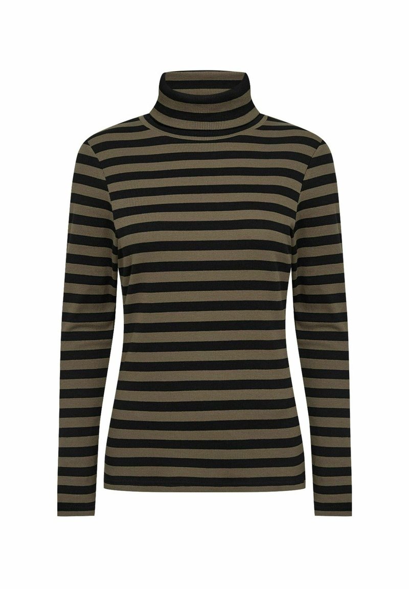 Striped turtleneck top featuring alternating black and olive green stripes, long sleeves, and a fitted ribbed texture.