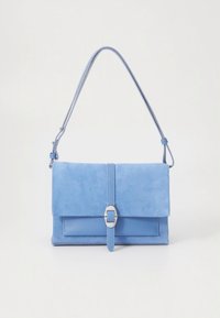 Blue leather shoulder bag with a suede finish, rectangular shape, magnetic flap closure, and a silver-tone buckle accent.