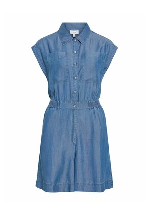 Combinaison sans manches en jean bleu avec des boutons sur le devant, deux poches poitrine, taille élastique et col de chemise.