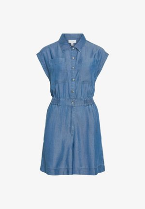 Combinaison sans manches en jean bleu avec des boutons sur le devant, deux poches poitrine, taille élastique et col de chemise.