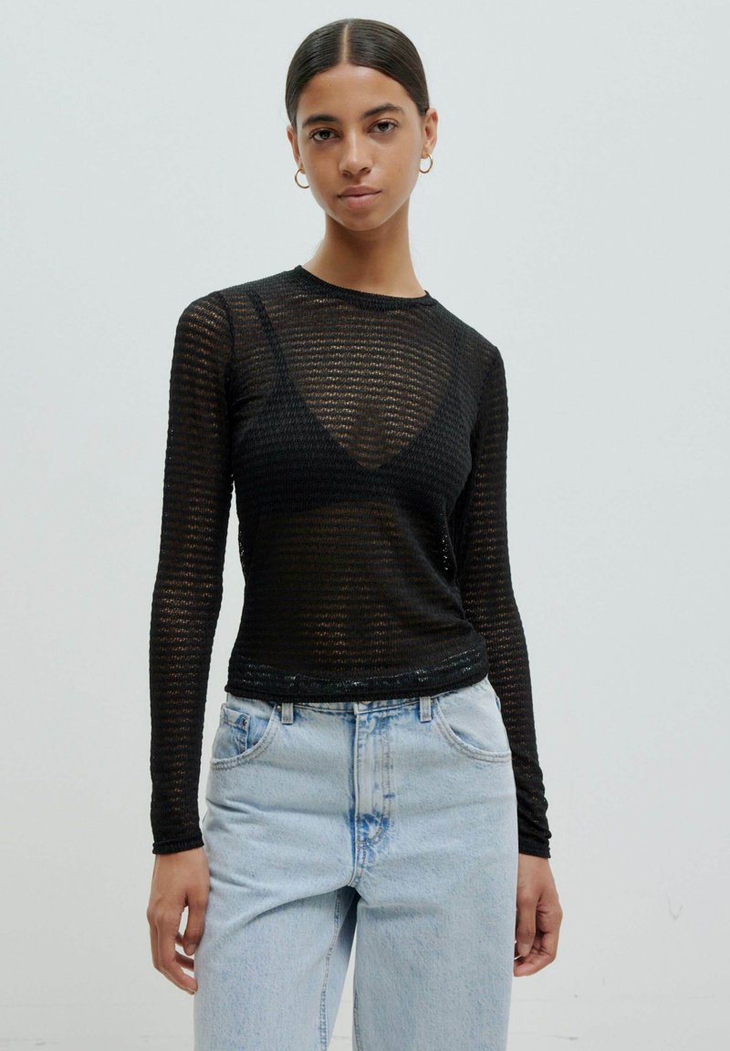 Schwarzes langärmliges Mesh-Top mit rundem Ausschnitt und figurbetontem Design, kombiniert mit hellblauen hochgeschnittenen Jeans.