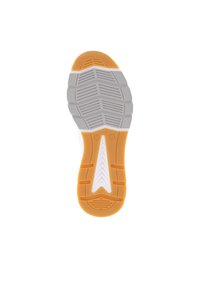 Gummi-Sneakersohle mit einem Zickzackprofil. Hauptfarben sind Orange, Grau und Weiß mit einer strukturierten Oberfläche.