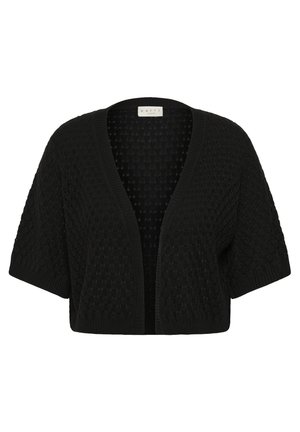 Cardigan noir tricoté à manches courtes, ouvert à l'avant, avec motif texturé et bordures côtelées, étiqueté "KAFFE".