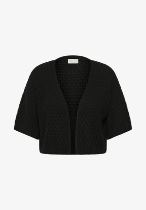 Cardigan noir tricoté à manches courtes, ouvert à l'avant, avec motif texturé et bordures côtelées, étiqueté "KAFFE".