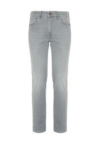 Hellgraue Denim-Jeans mit fünf Taschen, Knopfverschluss und schmalen, geraden Beinen, die frontseitig vor einem weißen Hintergrund gezeigt werden.