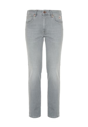 Hellgraue Denim-Jeans mit fünf Taschen, Knopfverschluss und schmalen, geraden Beinen, die frontseitig vor einem weißen Hintergrund gezeigt werden.