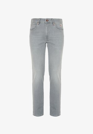 Hellgraue Denim-Jeans mit fünf Taschen, Knopfverschluss und schmalen, geraden Beinen, die frontseitig vor einem weißen Hintergrund gezeigt werden.