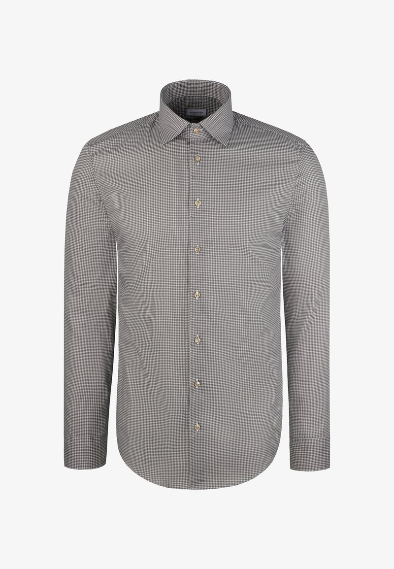 Overhemd met knopen in een geruit patroon, voorzien van een spreidkraag, lange mouwen, bruine knopen en een lichtgewicht stof in zwart-wit.