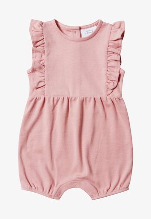 Romper de algodón rosa claro con tirantes fruncidos, cintura fruncida y cierres a presión en la parte inferior para facilitar el vestido.