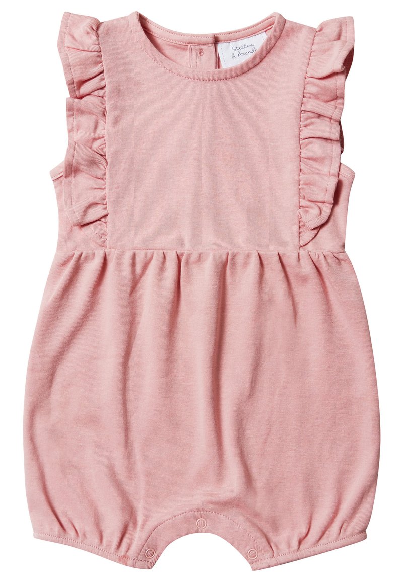 Romper in cotone rosa chiaro con spalline arricciate, vita arricciata e chiusure a scatto sul fondo per una facile vestizione.