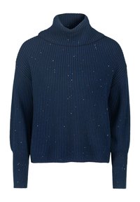 Suéter de cuello alto de canalé azul marino con mangas largas y sutiles lentejuelas plateadas esparcidas.