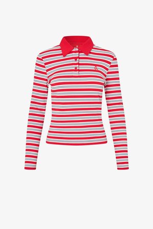 Tricou polo cu mâneci lungi, din material canalizat, cu dungi orizontale roșii, albe și albastre și guler roșu uni, prevăzut cu trei nasturi roșii.