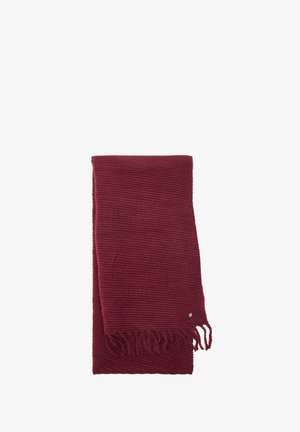 Burgundzka chusta o prążkowanej fakturze, zakończona delikatnymi frędzlami z jednego końca i małym metalowym akcentem.