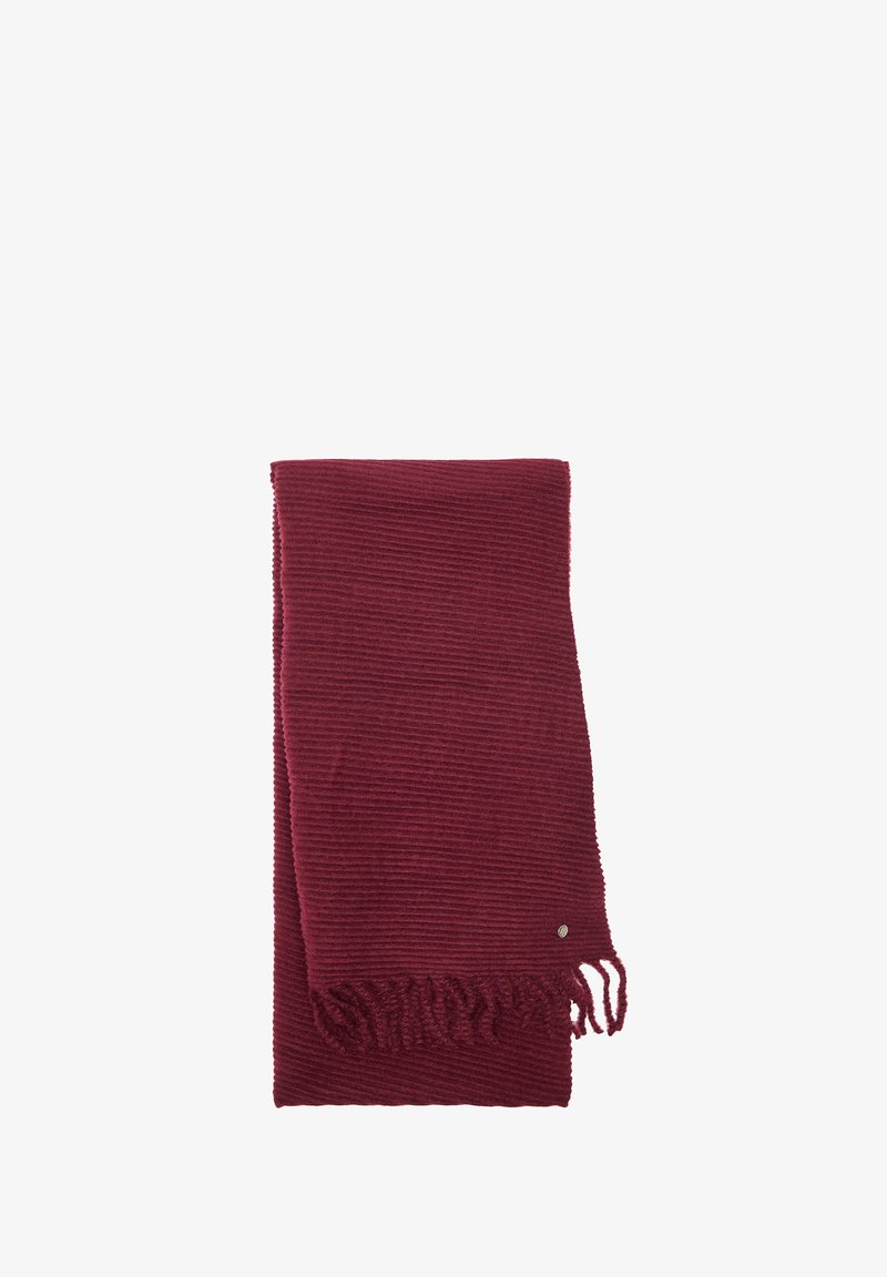 Burgundzka chusta o prążkowanej fakturze, zakończona delikatnymi frędzlami z jednego końca i małym metalowym akcentem.