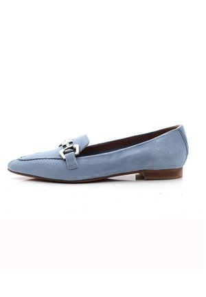 Light blue suede loafer with a pointed toe, silver hardware accent, and a flat wooden sole. Decorative stitching along the upper.