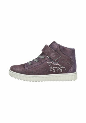 Purple suede high-top children's sneaker with velcro strap, gray laces, white sole, and unicorn design with small colorful dots.