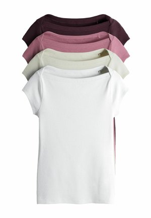 Four short-sleeve ribbed knit tops stacked, in white, beige, dusty pink, and dark burgundy colors, viewed from front.