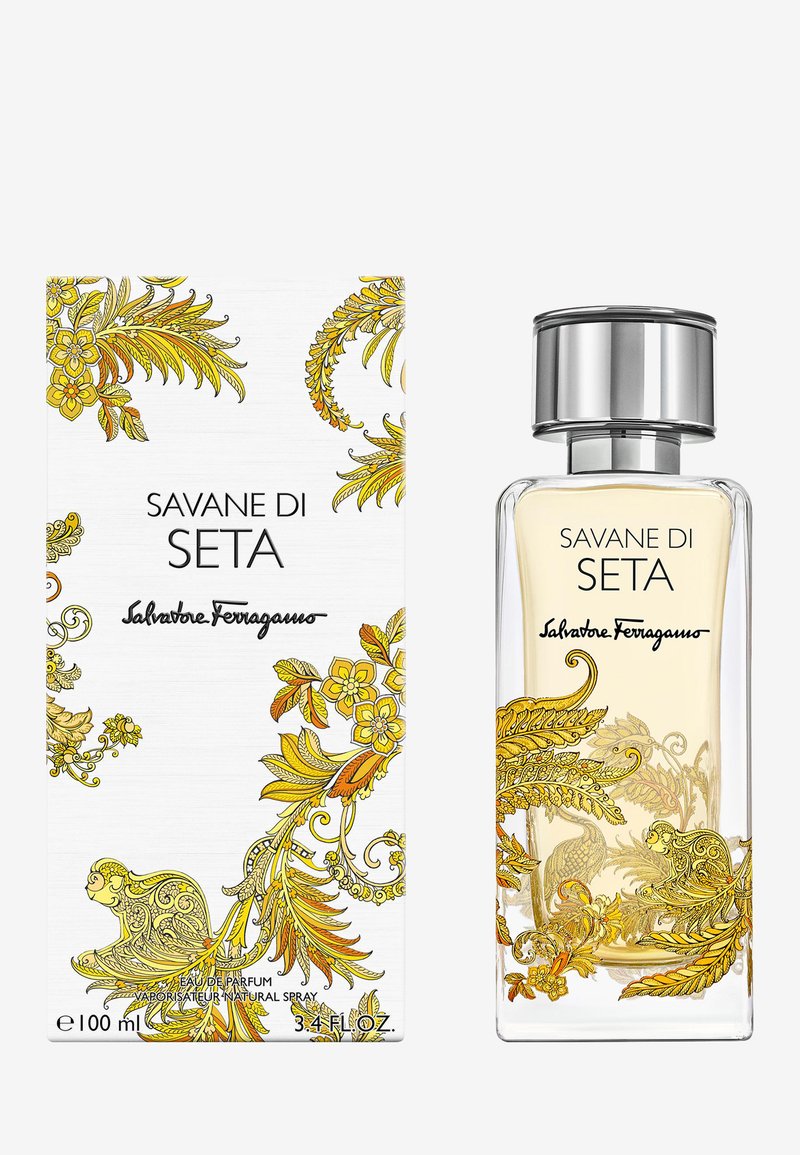 Flacon et boîte de parfum Salvatore Ferragamo Savane di Seta avec des motifs floraux jaunes et paisley, spray naturel de 100 ml.
