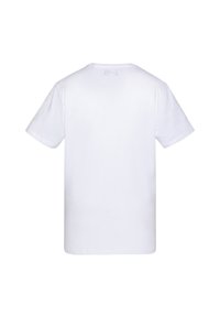 Camiseta blanca de algodón con mangas cortas y un corte relajado. La parte trasera es lisa, sin logotipos ni patrones visibles. Textura suave.