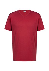 Rode V-hals T-shirt gemaakt van zachte stof, voorzien van korte mouwen en een eenvoudig ontwerp zonder patronen of accenten.