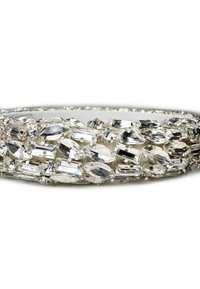 Crystal-encrusted headband with assorted clear gemstones in oval and rectangular shapes, set on a metallic base, shiny surface, and intricate detailing.