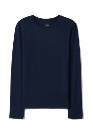 Camiseta de manga larga azul marino con cuello redondo, sin estampados, mostrada extendida sobre un fondo blanco.