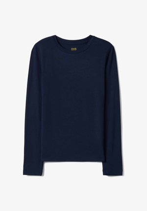 Marineblaues Langarmshirt mit Rundhalsausschnitt, ohne Muster, flach auf weißem Hintergrund liegend dargestellt.