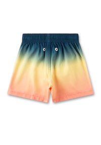 Bunte Badehorts mit einem Farbverlauf von Marineblau zu Pfirsich, ausgestattet mit einem elastischen Bund und zwei Ösen.