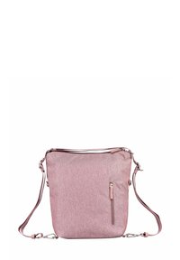 Sac en tissu rose avec une texture lisse, de forme rectangulaire, doté d'une sangle réglable et d'une poche zippée à l'avant pour plus de fonctionnalité.