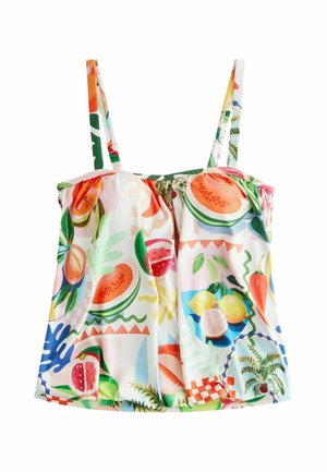 Colorful tank top featuring a fruity pattern with watermelon, lemons, and tropical leaves. Made from lightweight fabric, it has adjustable straps.