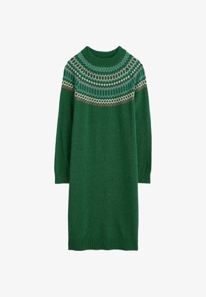 Zelené pletené šaty s okrúhlym výstrihom a trojštvrťovými rukávmi, zdobené farebným geometrickým vzorom na živote. Mäkka textura.