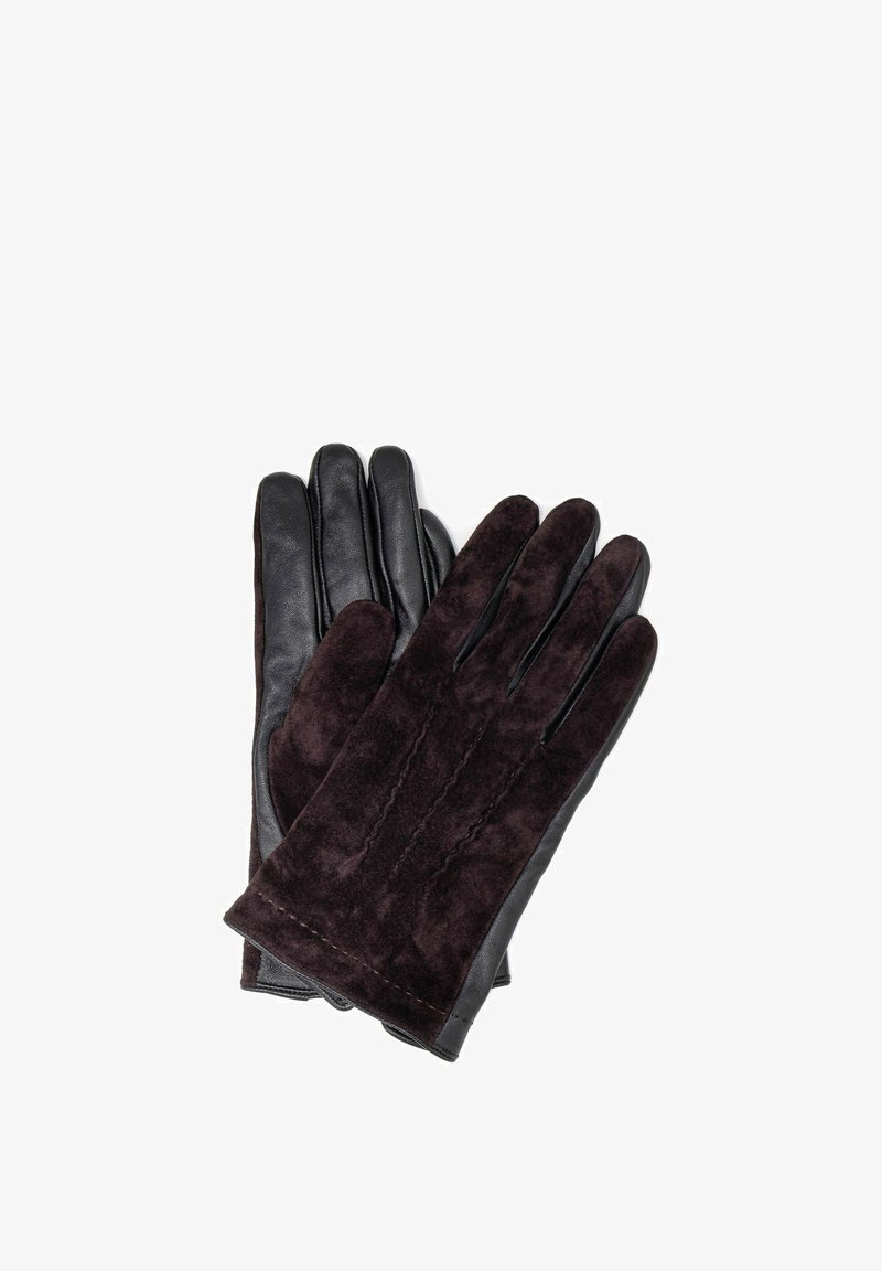 Czarne skórzane rękawice i ciemnobrązowe zamszowe rękawice o gładkiej fakturze, dopasowanym kroju i czystych liniach na odwrocie, zapewniające elegancki wygląd.