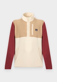 Φούτερ από φλις με μακριά μανίκια, γιακά με κουμπιά τύπου κλιπ, τσέπη με φερμουάρ στο στήθος, μπεζ επάνω μέρος, εκρού κάτω μέρος και μανίκια μπορντό.