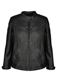Schwarze Lederjacke mit hohem Kragen, Reißverschlussbrusttaschen und Seitentaschen. Das Design umfasst verstellbare Manschetten und eine glatte Textur.