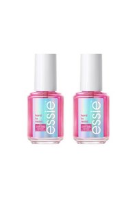 Deux bouteilles en verre transparent contenant un produit pour ongles Essie avec des bouchons blancs. Chacune contient du vernis à ongles rose étiqueté "difficile à résister."